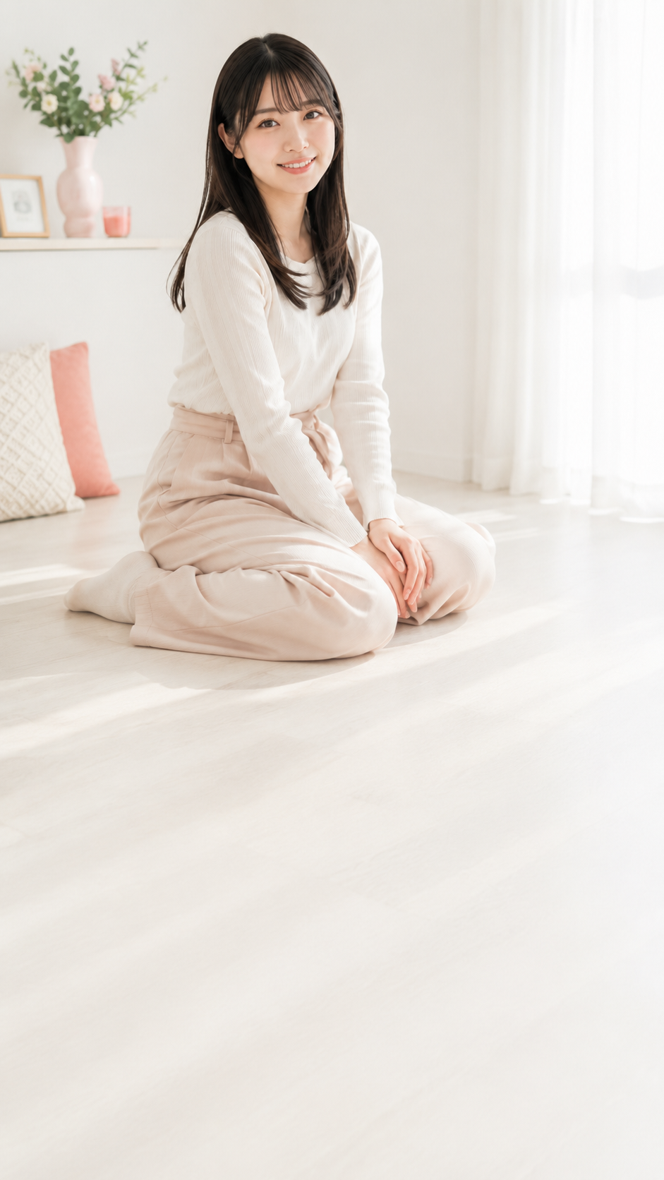 明るい室内でほほえむ女性のAI生成イメージ。実在の在籍キャストではありません。